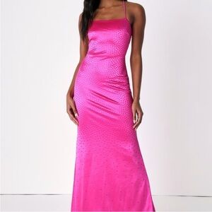 Lulus Radiant Stunner Hot Pink Satin Rhinestone Lace-Up Maxi Dress